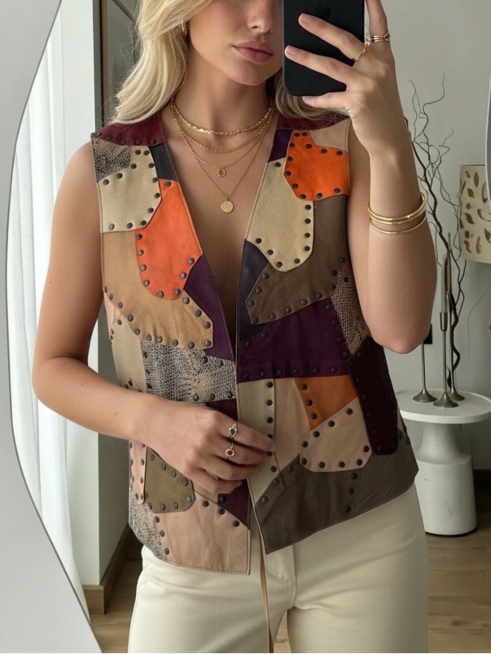 Vintage Antinori Genuine Leather Patchwork Vest Studded Multicolor Boho Western